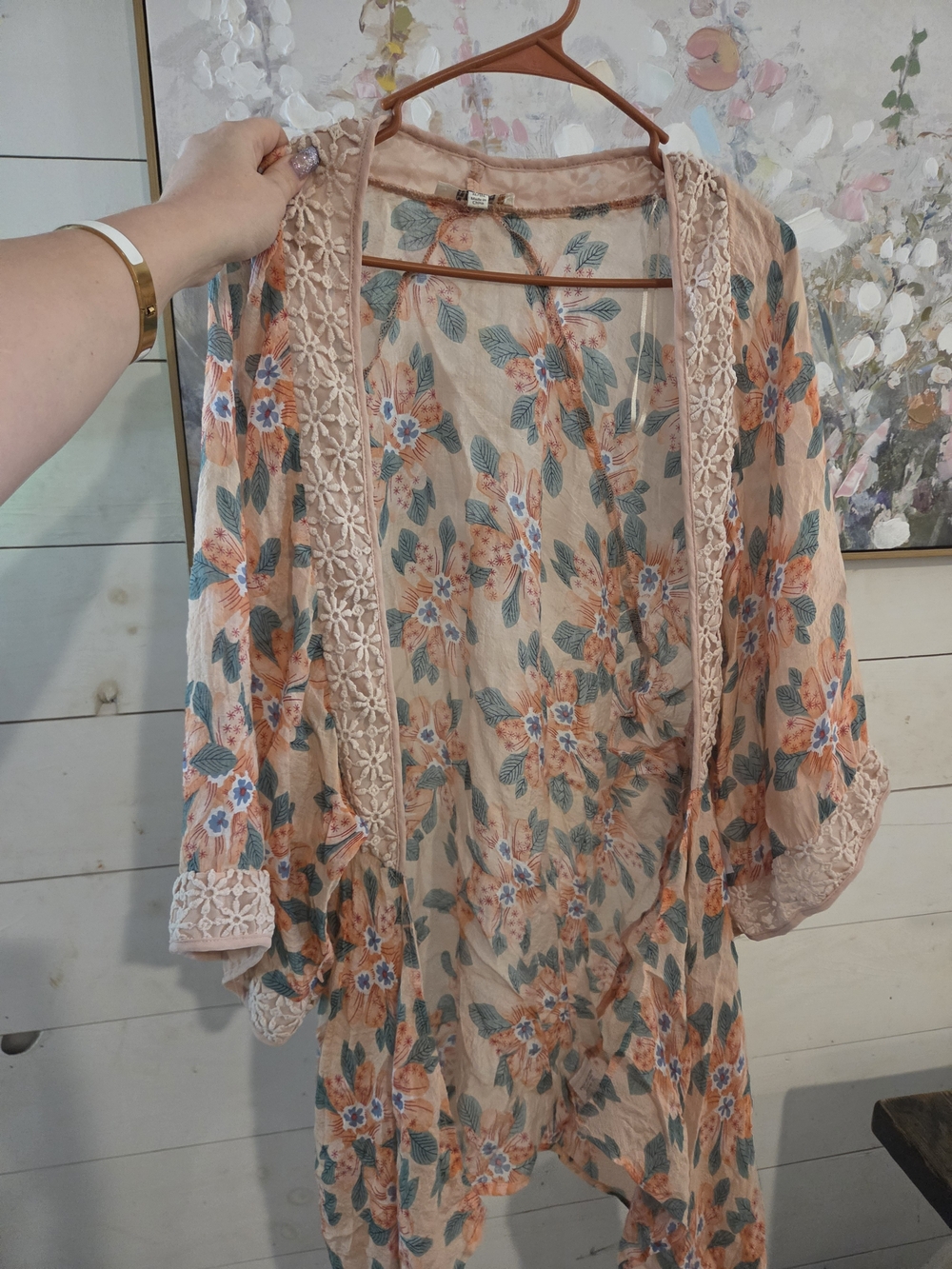 Umgee Peach Floral Lace-Trim Open Cardigan